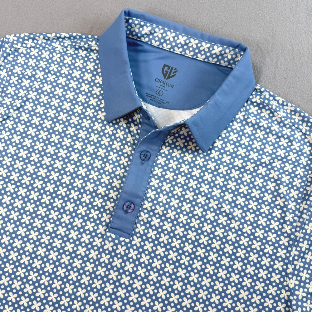 Graham Luxe Men's Blue Floral Golf Polo Shirt Sz Large Sporty Athleisure